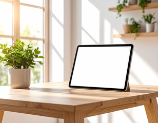 Fototapeta premium Tablet mockup on wooden table with plant for digital presentation