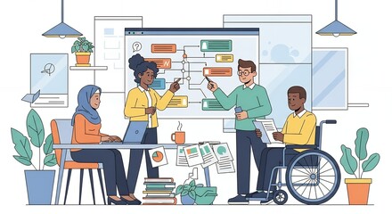 Diverse team collaborating on a flowchart during a presentation, discussing project milestones. Concept for business strategy, inclusive workplace and team problem-solving