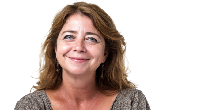 Middle aged woman with warm smile and blue eyes