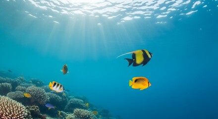 Fototapeta premium Underwater scene with colorful fish swimming near coral reef in clear blue water, concept for marine biology illustration, tropical aquarium design and ocean conservation awareness