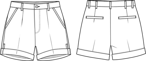 Flat front tailored shorts, technical cad drawing, vector fashion sketch, front and back views, fashion illustration for apparel design