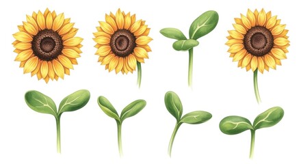 A vibrant illustration of sunflowers and young green sprouts, showcasing growth and nature's beauty