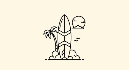 Minimalistic illustration of a surfboard on a beach with palm trees and a sunset in the background