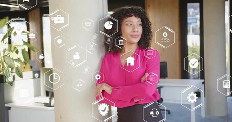 Leaning shoulder against column woman analyzing finance with hexagon icons drifting and fading - Powered by Adobe