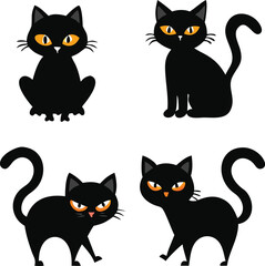 Four Halloween Black Cat Icons With Orange Eyes animal