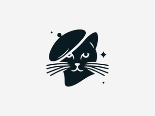 Obraz premium Stylish French beret wearing cat vector logo illustration with elegant artistic flair