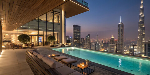 Ultra-luxury urban hotel rooftop bar with skyline view, glowing pool, night lights, cinematic HDR style.
