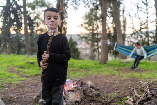 Boy Playing By Campfire While Sister Swings In Hammock