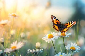 Butterfly resting on a blooming daisy in a spring meadow with wildflowers and soft blue sky at sunrise