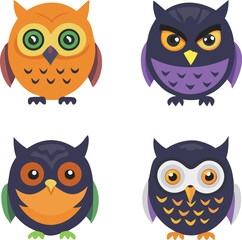 Fototapeta premium Four Halloween owls orange purple dark vector