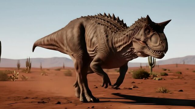 Carnotaurus walking in desert, 3D animation. Prehistoric predator strolls arid landscape. Use: education, paleontology, wildlife documentaries, VR experiences, game development.