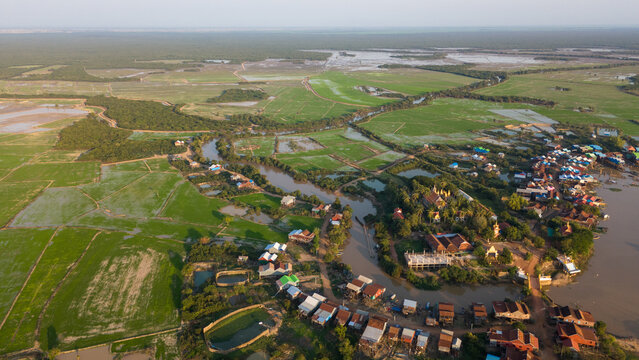 Rural Riverbend Village with Farmland