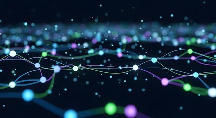 Abstract network visualization with glowing nodes connected by flowing lines against a dark background, suggesting data connection and technology.