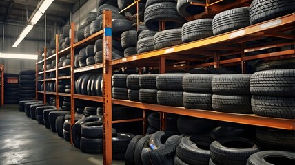 A person is holding a tire in a store. There are many tires in the store