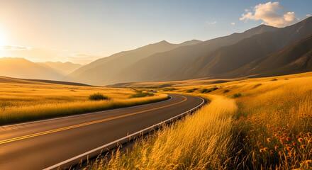Winding Road Through Golden Grassland with Mountain Backdrop at Sunset