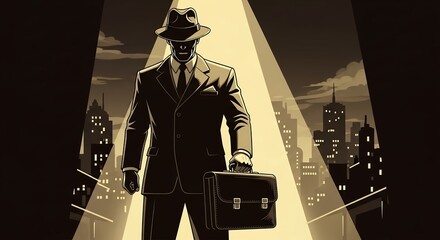 Mysterious man in suit and fedora holding a briefcase stands in a spotlight with city background. Concept for legal representation corporate espionage and cinematic suspense
