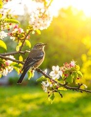 Obraz premium Bird perched on flowering branch