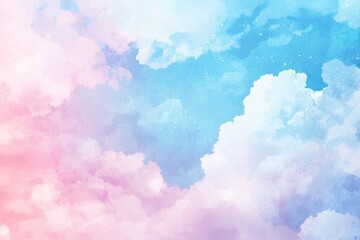 Cute pastel watercolor background with dreamy pink and blue sky, soft clouds, and intricate high-resolution details in a whimsical style