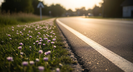 Rural Roadside with Purple Flowers at Sunset with White Line