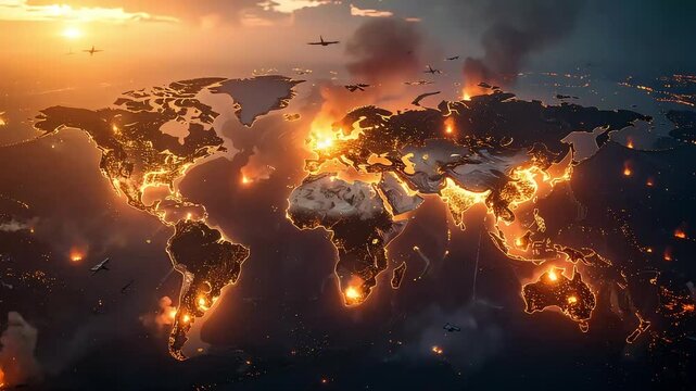 Burning world map image crisis global problems