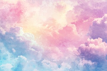 Fototapeta premium Cute pastel watercolor background with dreamy pink and blue sky, soft clouds, and intricate high-resolution details in a whimsical style