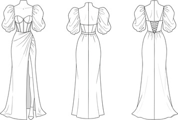 Elegant evening dress, technical flat sketch, fashion cad drawing, long gown with puff sleeves, corset bodice, fashion vector illustration