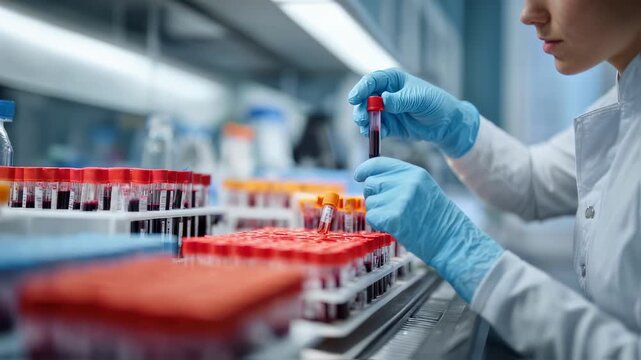 Side view of a focused laboratory technician arranging blood samples on a tray while working in a modern diagnostic testing laboratory.
