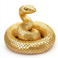 Fototapeta premium Coiled golden snake figurine with scales, shiny and isolated on white background.