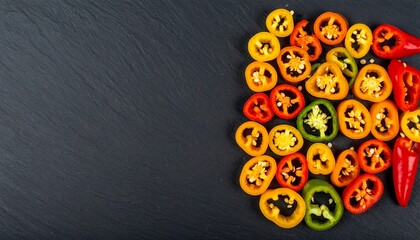 Fototapeta premium Sliced peppers arrangement on dark surface