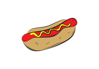 Illustration of a classic hot dog in a bun, topped with mustard and ketchup, set against a plain white background.
