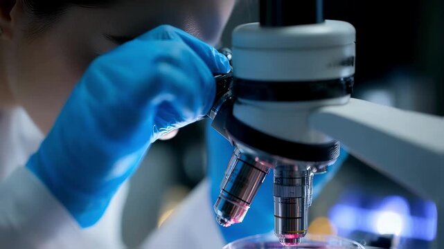 Researcher wearing protective gloves examines cultured cells under bright microscope lighting testing new pharmacological substances for potential therapeutic use.