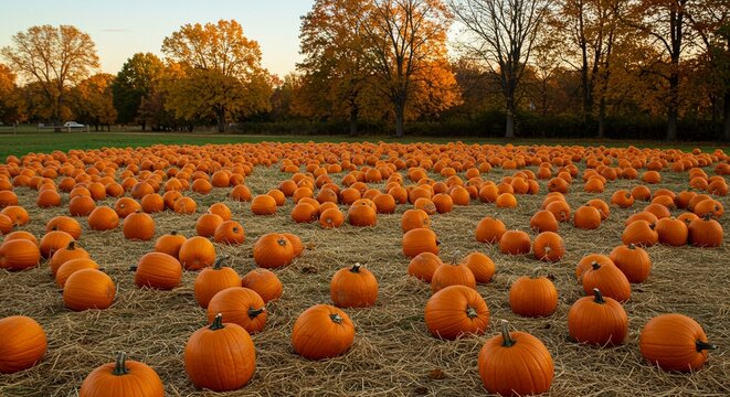 Vibrant pumpkin patch ready for autumn harvest festivals and fall celebrations with golden trees in background