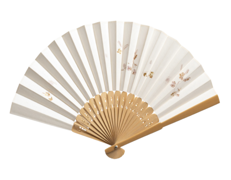  Classic Paper Hand Fan in Vintage Style with Gold Detailing, isolated on a transparent background