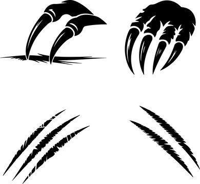 animal claw scratch mark silhouette set wild beast paw illustration, vector illustration of a set of black silhouettes of animals