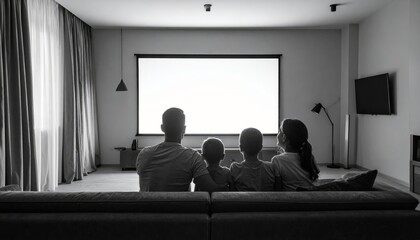 Monochromatic Family Movie Night: Silhouettes Before a Glowing Projector Screen