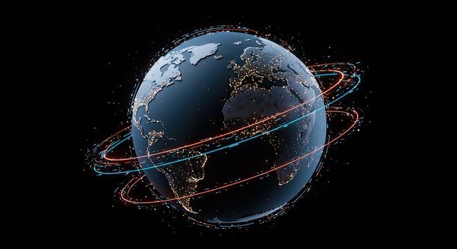 Dynamic Global Network with Luminous Data Trails Orbiting Earth at Night
