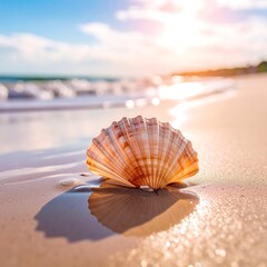 Seashell on sandy beach at sunset