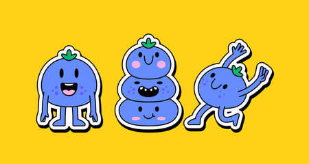Cartoon character illustration blueberries with happy expressions and different pose. smiling standing , stack of three, and an energetic blueberry jumping with arms raised for sticker design fruit