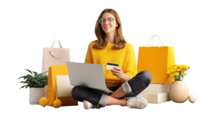 Online Shopping at Home: A woman sits comfortably at home, engaging in online shopping with a credit card and laptop, alongside shopping bags, evoking a scene of convenience and modern consumerism.