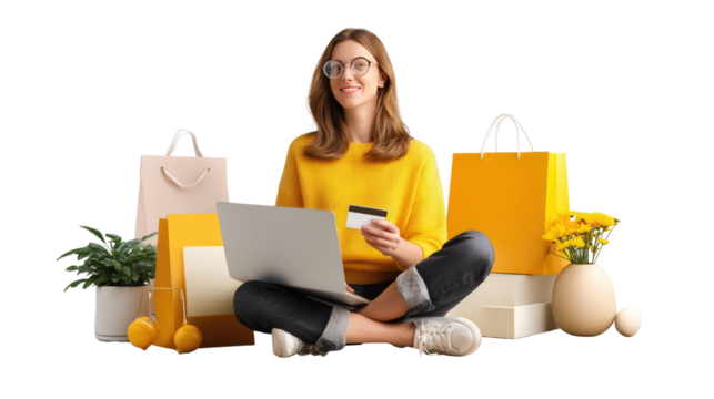 Online Shopping at Home: A woman sits comfortably at home, engaging in online shopping with a credit card and laptop, alongside shopping bags, evoking a scene of convenience and modern consumerism.