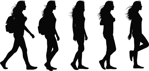  Dynamic silhouettes of young women walking with a backpack, showcasing various casual and active poses, perfect for themes of travel, adventure, and modern lifestyle, isolated on white.