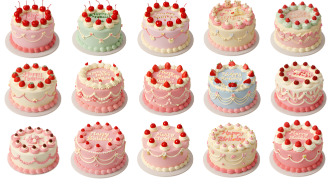 Collection of adorable decorated cakes with icing designs and cherries on top - Powered by Adobe