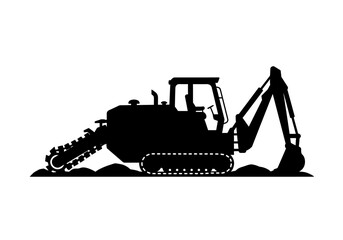 Black Silhouette of a Trencher Excavator on Soil.