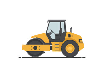 Yellow Road Roller Vehicle with Cabin and Compaction Drum.