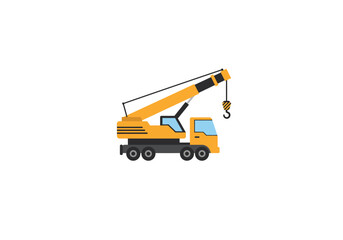 Naklejka premium Cartoon Yellow Mobile Crane Truck with Hook and Boom.