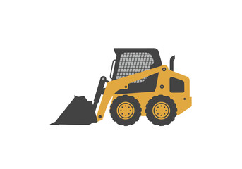 Yellow Skid Steer Loader with Black Bucket and Safety Cage.
