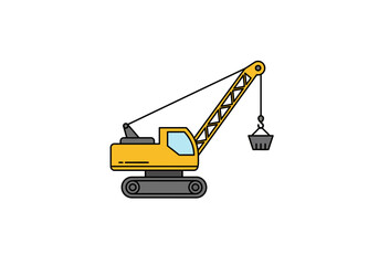 Cartoon Yellow Crane with Bucket and Tracks Illustration.