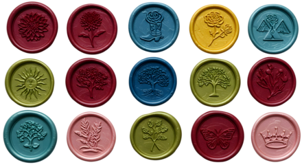Collection of wax seal stamps in different colors featuring floral and nature-themed patterns