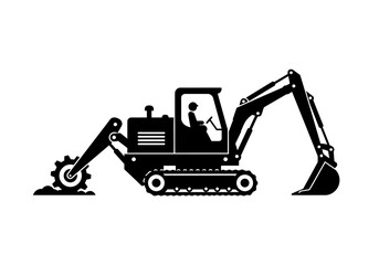 Black Silhouette of Excavator with Driver and Auger.