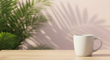 Obraz premium A white mug sits on a wooden surface with palm tree shadows cast upon a textured wall